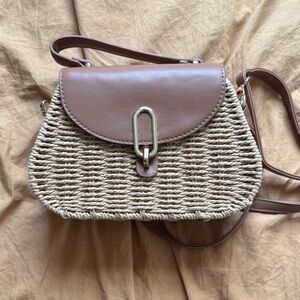 Woven Straw Crossbody Bag with Brown Faux Leather Flap